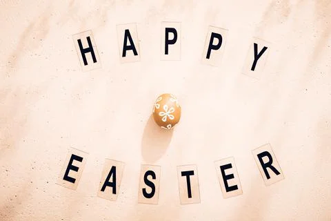 Minimalistic Easter composition. Retro style text. Top view. Flat lay Stock Photos