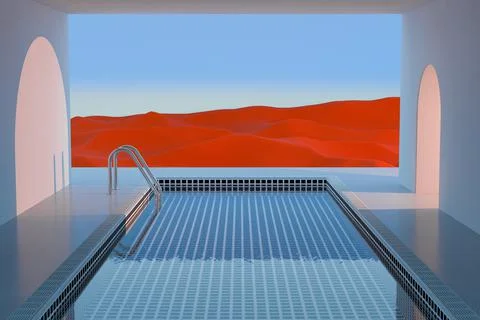 Minimalistic Empty White Room with a Water Swimming Pool and an Abstract Surr Stockillustratie