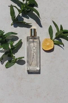 Minimalistic flat lay composition of a perfume bottle with lemon slice Stock Photos