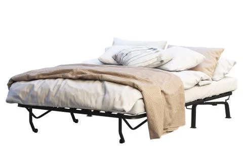 Minimalistic folding bed with linen. 3d render Stock Illustration