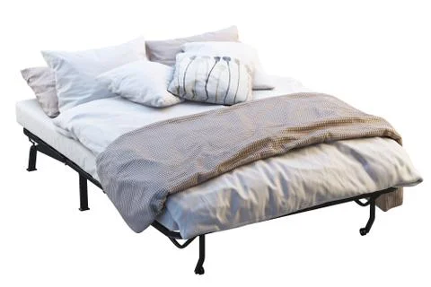 Minimalistic folding bed with linen. 3d render Stock Illustration