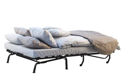 Minimalistic folding bed with linen. 3d render Stock Illustration