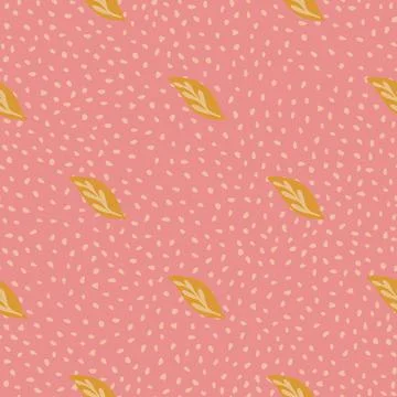 Minimalistic foliage seamless pattern with orange little leaf ornament. Pink  Stock Illustration