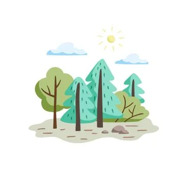 Minimalistic forest landscape. Trees and bushes in a hand drawn style. Stock Illustration