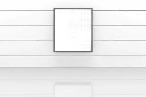 Minimalistic gallery showing blank rectangular frame on white paneled wall 库存插图