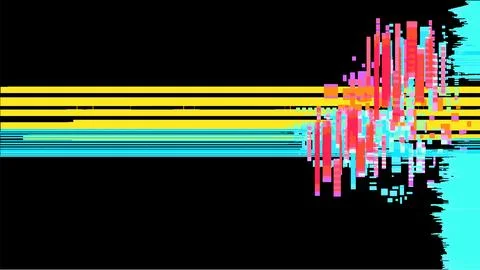 Minimalistic glitch effect with blue-yellow stripes and red pixels on a bla.. Illustrazione stock