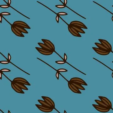 Minimalistic herbal seamless pattern with outline flower elements. Turquoise  Illustrazione stock