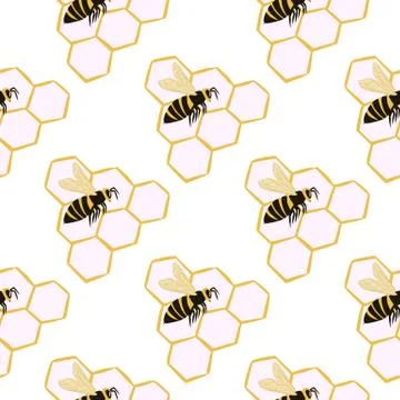 Minimalistic isolated seamless pattern with bees and honeycomb shapes. White  Stock Illustration