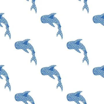 Minimalistic isolated seamless pattern with little blue whale sharks silhouet Stock Illustration