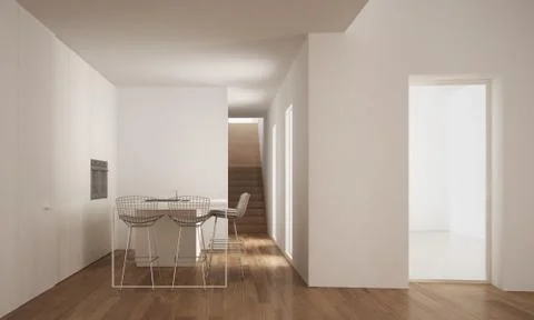 Minimalistic kitchen in modern empty space with stair in the background, whit Stock Illustration