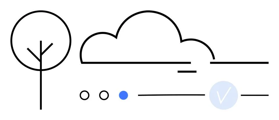 Minimalistic landscape with tree, cloud, and geometric lines against a whit.. Illustrazione stock
