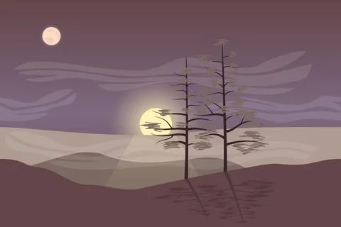 Minimalistic landscape - two trees, sun and moon Stock Illustration