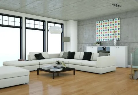 Minimalistic loft interior design with sofas and concrete walls Stock Illustration