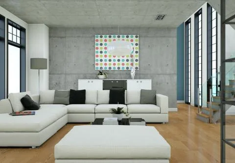 Minimalistic loft interior design with sofas and concrete walls Illustrazione stock