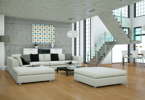 Minimalistic loft interior design with sofas and concrete walls 스톡 일러스트