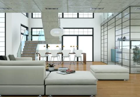 Minimalistic loft interior design with sofas and concrete walls Stock Illustration