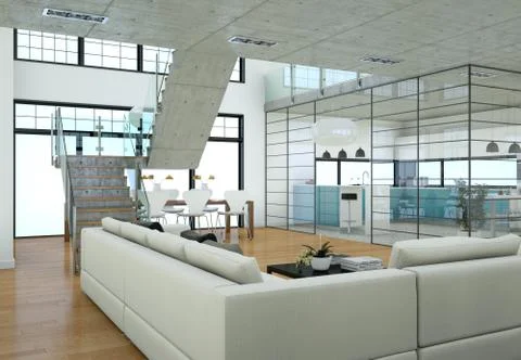 Minimalistic loft interior design with sofas and concrete walls Stock Illustration