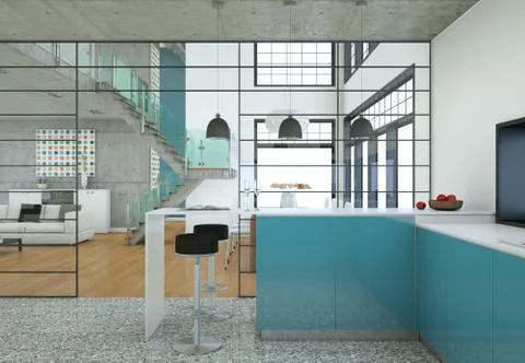 Minimalistic loft interior design with sofas and concrete walls 스톡 일러스트