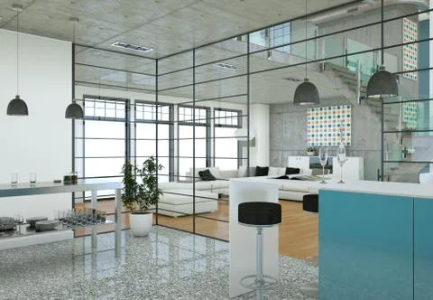 Minimalistic loft interior design with sofas and concrete walls 库存插图