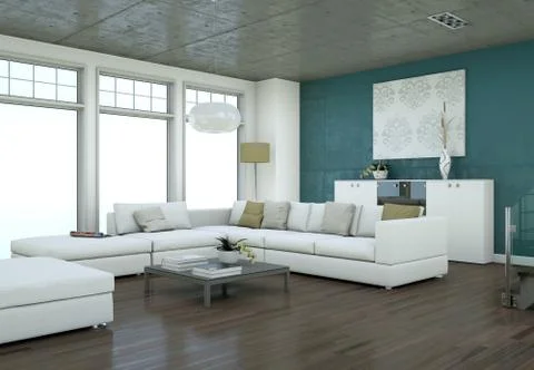 Minimalistic loft interior design with sofas and concrete walls Stock-Illustration