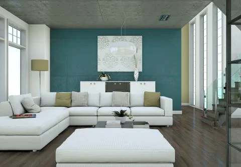 Minimalistic loft interior design with sofas and concrete walls Illustrazione stock