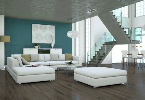 Minimalistic loft interior design with sofas and concrete walls Stockillustratie