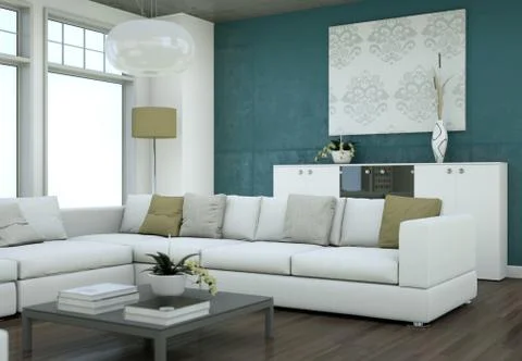 Minimalistic loft interior design with sofas and concrete walls Illustrazione stock