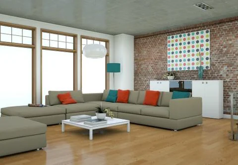 Minimalistic loft interior design with sofas and concrete walls Stock Illustration