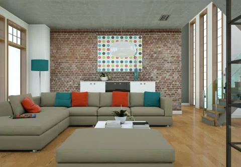 Minimalistic loft interior design with sofas and concrete walls Illustrazione stock