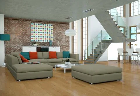 Minimalistic loft interior design with sofas and concrete walls 库存插图