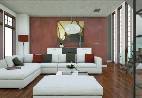 Minimalistic loft interior design with sofas and concrete walls Stock-Illustration