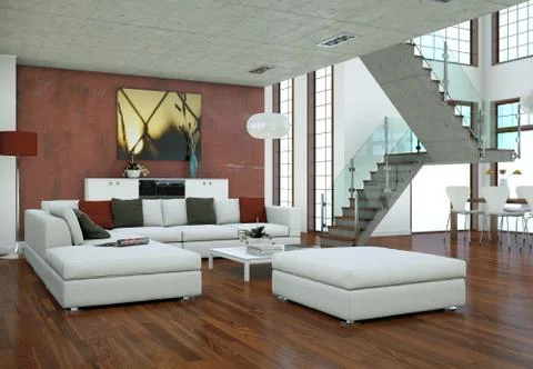 Minimalistic loft interior design with sofas and concrete walls Stock-Illustration