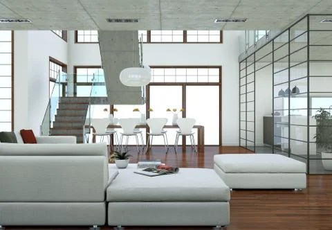Minimalistic loft interior design with sofas and concrete walls Stock Illustration