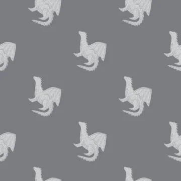 Minimalistic magical seamless pattern with dragon simple silhouettes. Grey pa Stock Illustration