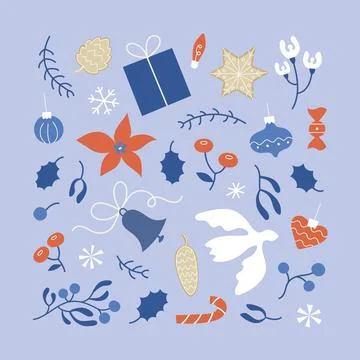 Minimalistic modern elements set with simple traditional Christmas symbols Stock Illustration