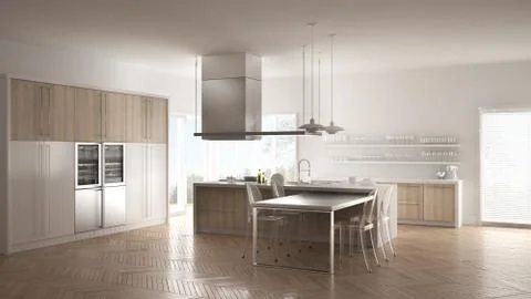 Minimalistic modern kitchen with table, chairs and parquet floor, white inter Stock Illustration
