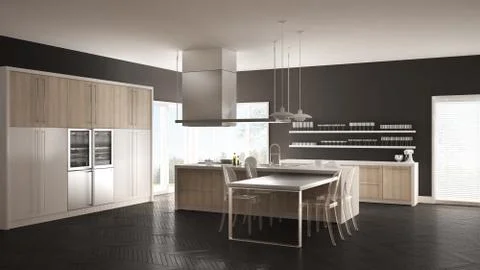 Minimalistic modern kitchen with table, chairs and parquet floor, white and g Stock Illustration