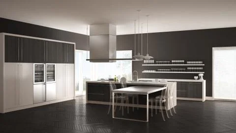 Minimalistic modern kitchen with table, chairs and parquet floor, white and g Stock Illustration