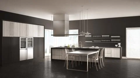 Minimalistic modern kitchen with table, chairs and parquet floor, white and g Stock Illustration