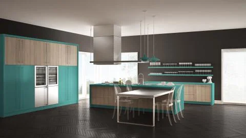 Minimalistic modern kitchen with table, chairs and parquet floor, gray and tu Stock Illustration