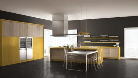 Minimalistic modern kitchen with table, chairs and parquet floor, gray and ye Stock Illustration