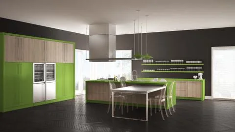 Minimalistic modern kitchen with table, chairs and parquet floor, gray and gr Stock Illustration