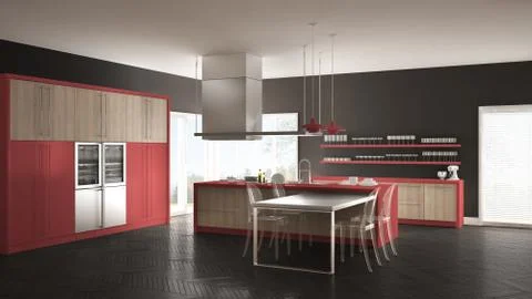 Minimalistic modern kitchen with table, chairs and parquet floor, gray and re Stock Illustration