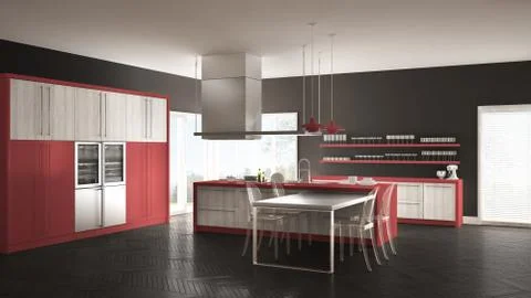 Minimalistic modern kitchen with table, chairs and parquet floor, gray and re Illustrazione stock