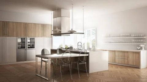 Minimalistic modern kitchen with table, chairs and parquet floor, white inter 스톡 일러스트