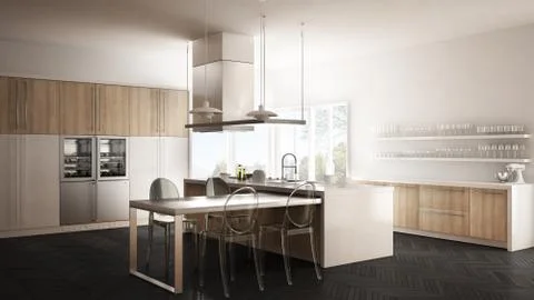 Minimalistic modern kitchen with table, chairs and parquet floor, white and g Stock Illustration