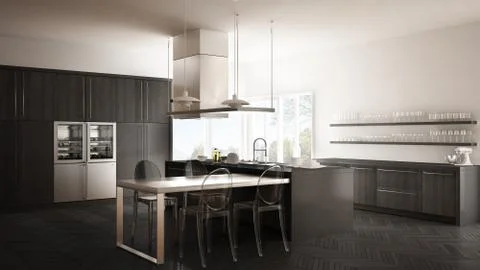 Minimalistic modern kitchen with table, chairs and parquet floor, white and g Stock Illustration
