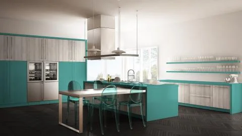 Minimalistic modern kitchen with table, chairs and parquet floor, gray and tu Stock Illustration