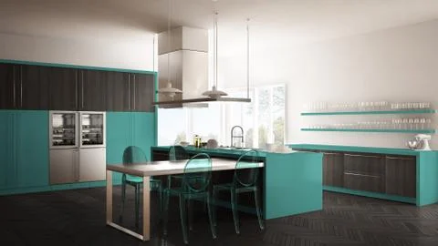Minimalistic modern kitchen with table, chairs and parquet floor, gray and tu Stock Illustration