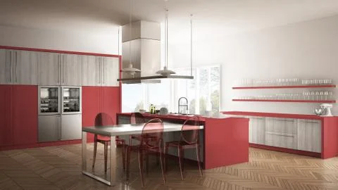 Minimalistic modern kitchen with table, chairs and parquet floor, white and r Stock Illustration